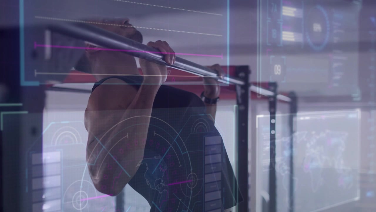 Adult male reaching up and gripping pull-up bar, doing pull-ups in gym, HUD metrics tracking form