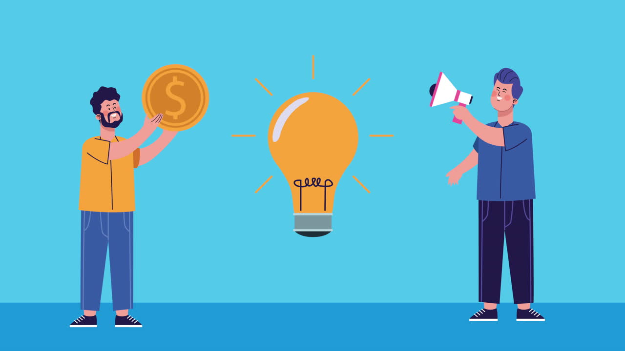 businesmen with bulb and coin dollar characters animated