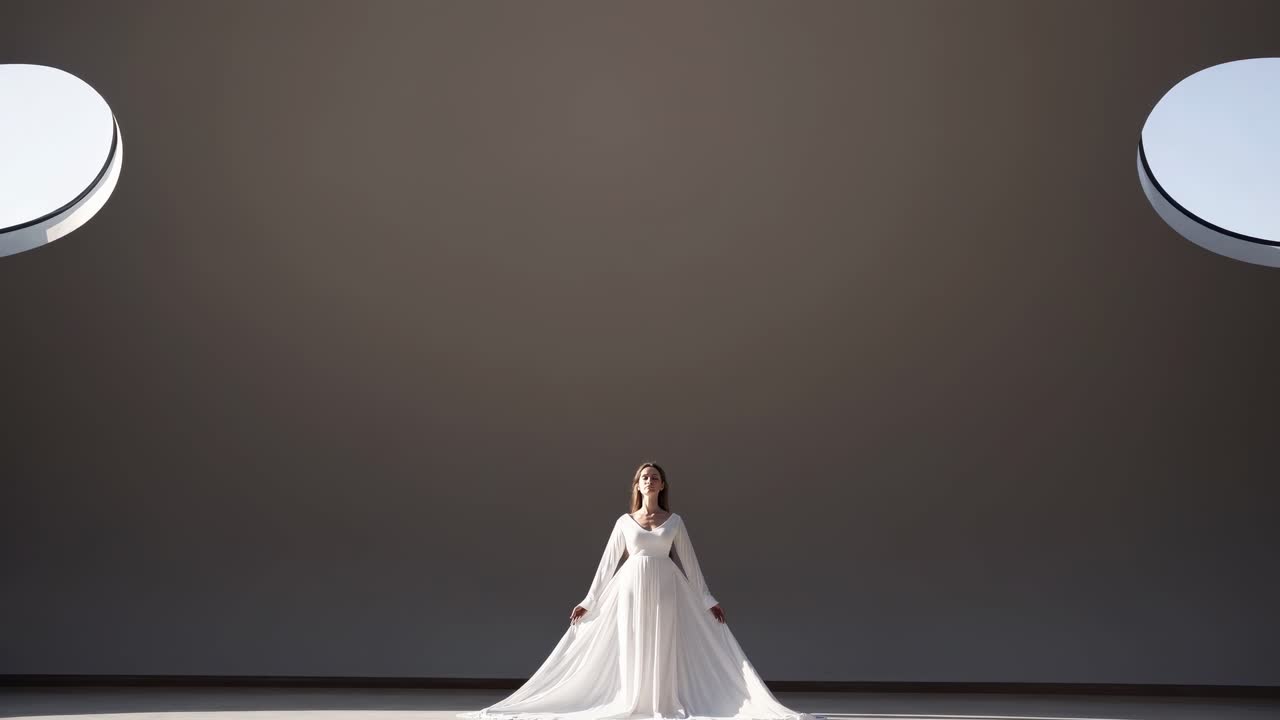 Elegant woman in flowing white gown gracefully moves within a minimalist space, showcasing the beauty of fabric and motion in a serene, artistic environment