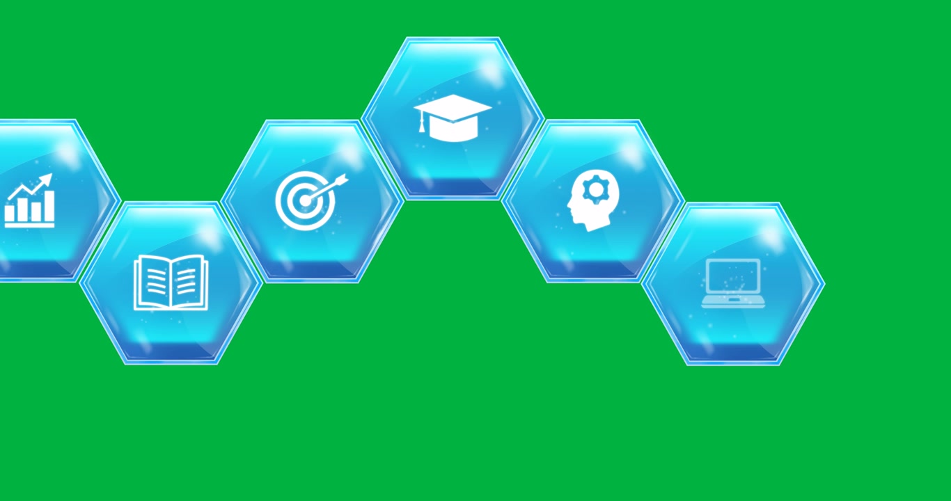 Animación de hexágonos azules con iconos sobre fondo transparente
