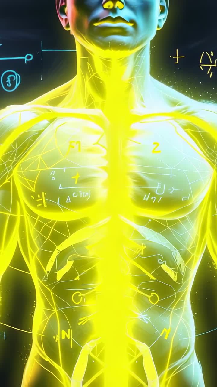 Vertical video: Fading digital torso revealing glowing yellow conduit in lab, highlighting formulas