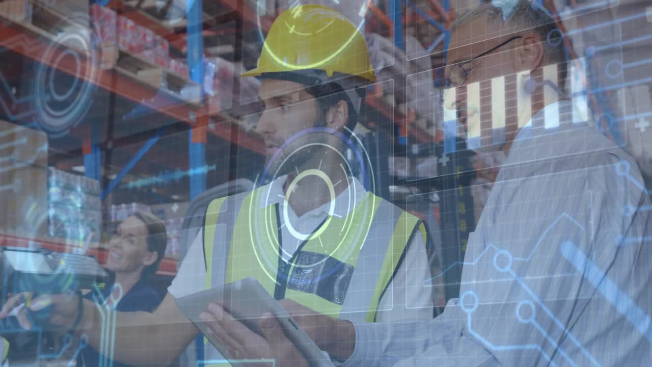 Warehouse technician tapping tablet launching overlays while verifying inventory with colleagues