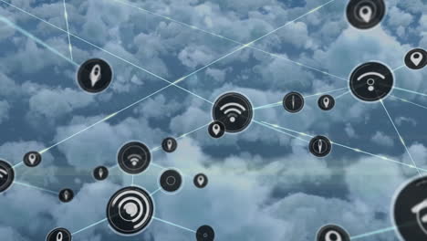 Animation-Des-Netzwerks-Von-Verbindungen-Mit-Symbolen-über-Wolken