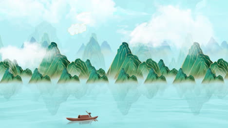 Beautiful-Fantasy-bright-ambience-Chinese-style-bronzing-national-trend-landscape-of-beautiful-morning-sky,-mountains,-flowers,-lake,-ancient-house-with-simple-animation-in-anime-watercolour-style