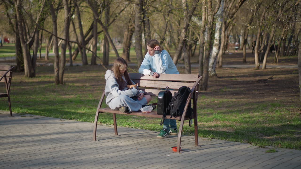 white and asian teens on bench chatting and sharing quiet study break in sunlit park, backpack and skateboard beside them, small dog curled in lap, candid friendly vibe and soft spring light