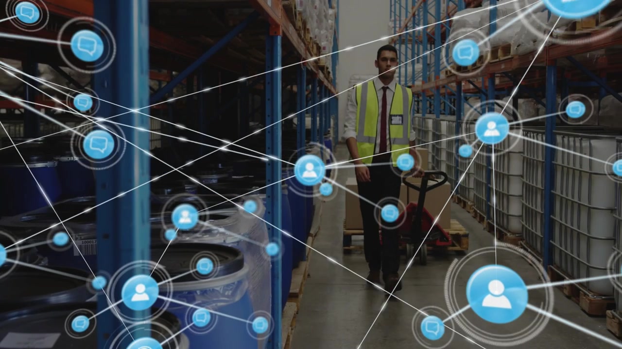 Logistics worker pulling jack, movement spawning network nodes linking overlaying him showing stock