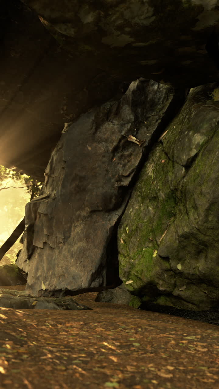 la luz del sol brillando a través de los árboles sobre las rocas en un bosque