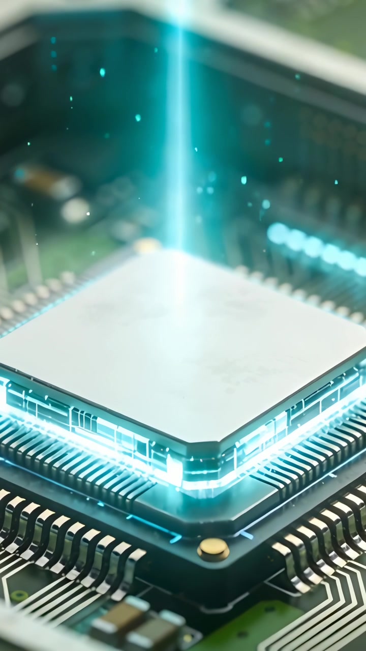Vertikal video: Nedstigende cyanstråle aktiverer CPU på printplade, glødende kanter og hologramring dannes.