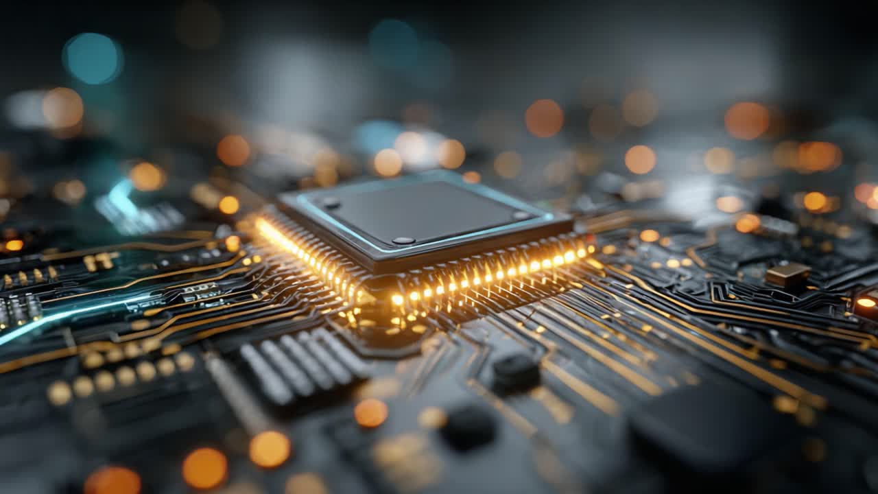 Intricate Close-Up of a Processor on a Circuit Board, Showcasing the Complex Architecture and Illuminated Pathways of Modern Technology in Stunning Detail