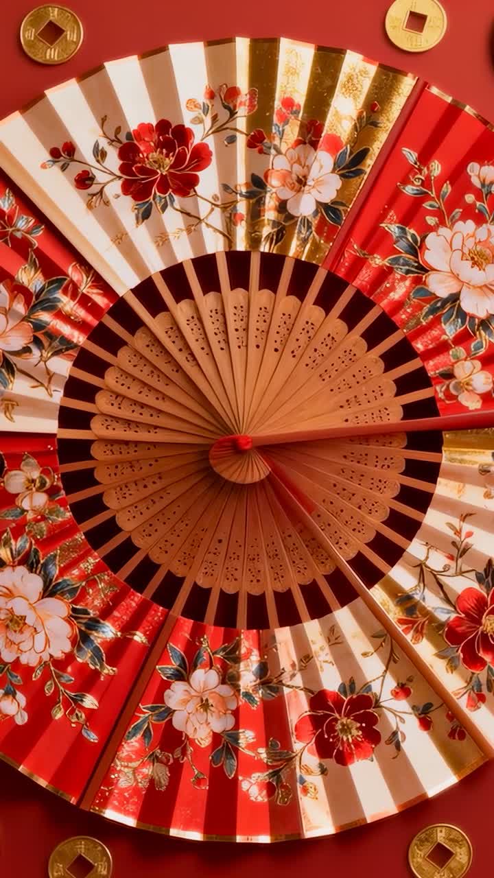Video verticale: Ventaglio di peonie centrato nella prima inquadratura, rotazione su pannello rosso, lucentezza di monete d'oro in evidenza
