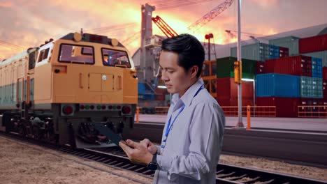 businessman working on a tablet at a train station and container port.