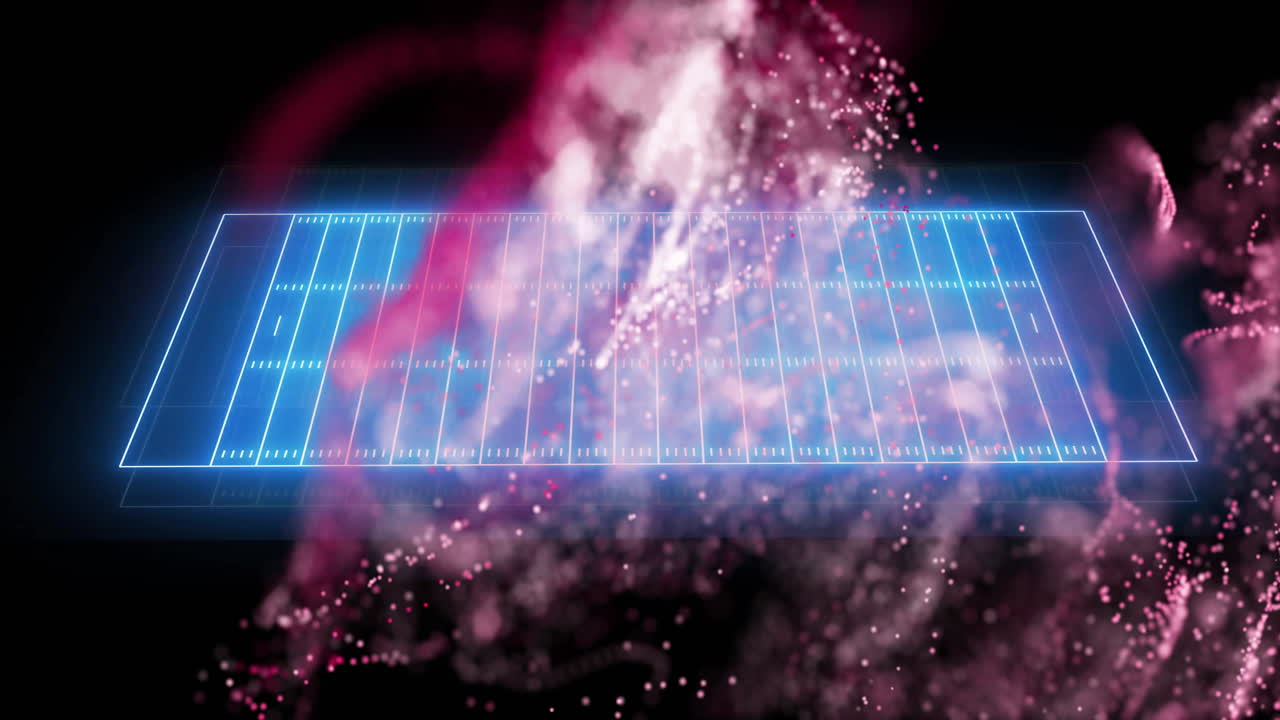 검은색 배경에 스포츠 필드 위로 움직이는 반이는 빛의 트레일의 애니메이션