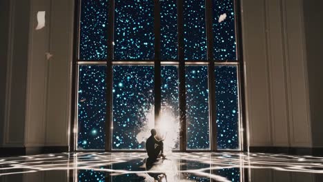 silhouette of a person in front of a starry night window