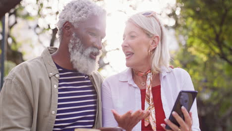 older couple looks at phone outside at cafe