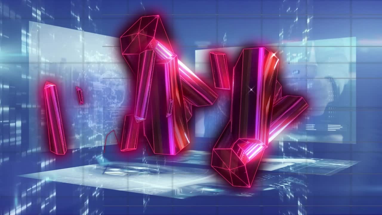 Animation of glowing blocks with icons over and moving shapes