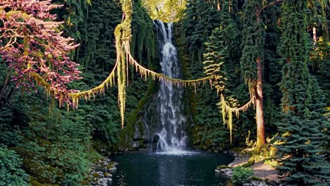 a scenic video of a waterfall surrounded by lush greenery, captured from a low angle