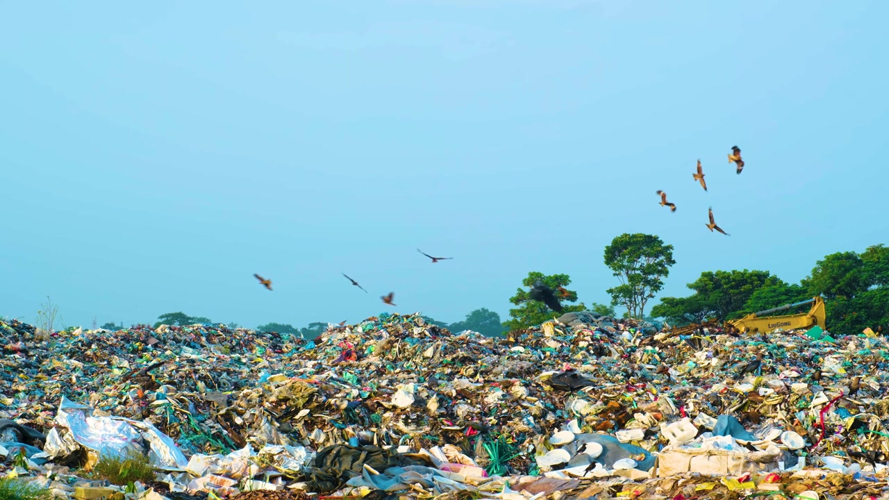 A big hill of trash, garbage, birds flying above, searching food, pollution in third world country, blue sky, static shot with copy space