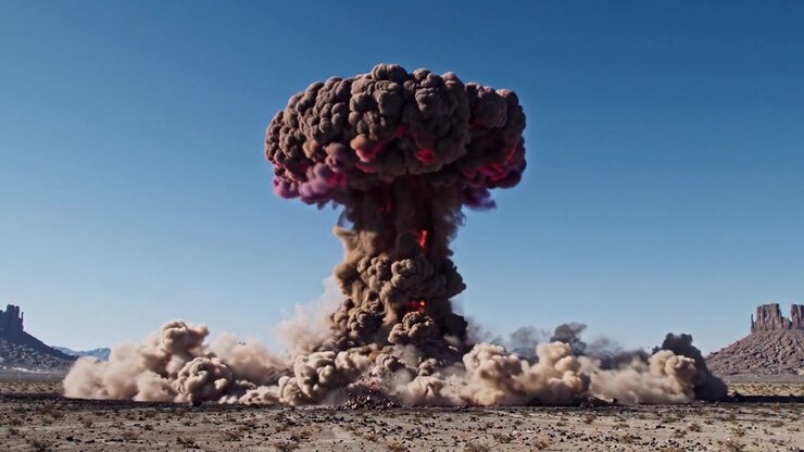 A Spectacular Series of Explosions Captured in an Arid Landscape, Showcasing the Power of Detonation and the Formation of a Massive Mushroom Cloud.