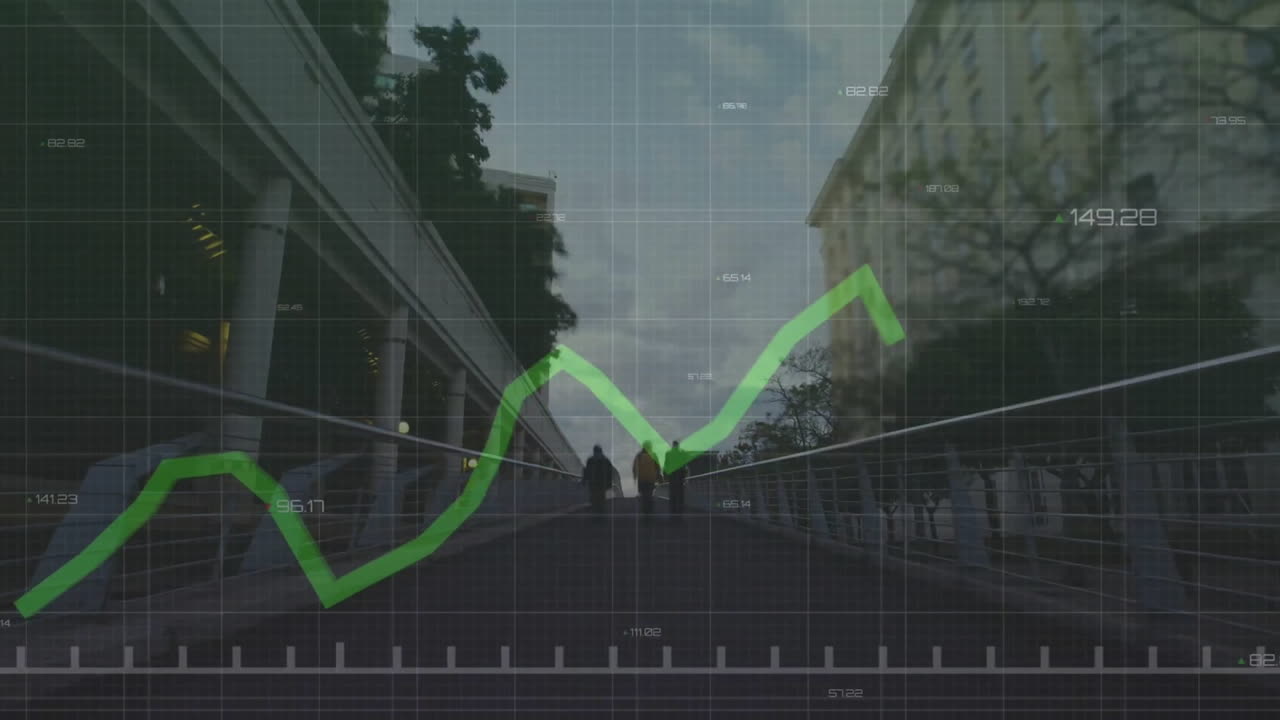 animación del procesamiento de datos financieros sobre el paisaje urbano