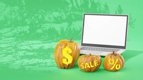 banner de ventas de tecnología de halloween, computadora portátil con pantalla blanca, fondo verde con sombra de árbol