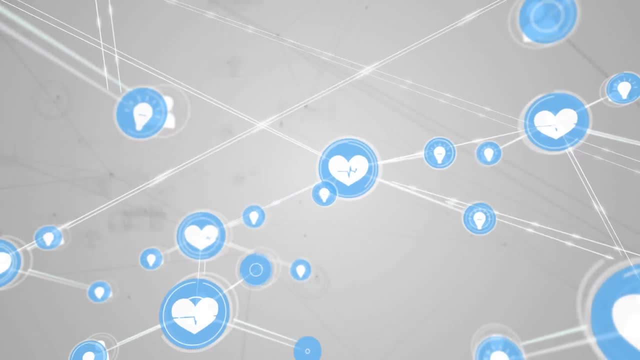 animación de redes de conexiones con iconos sobre fondo blanco