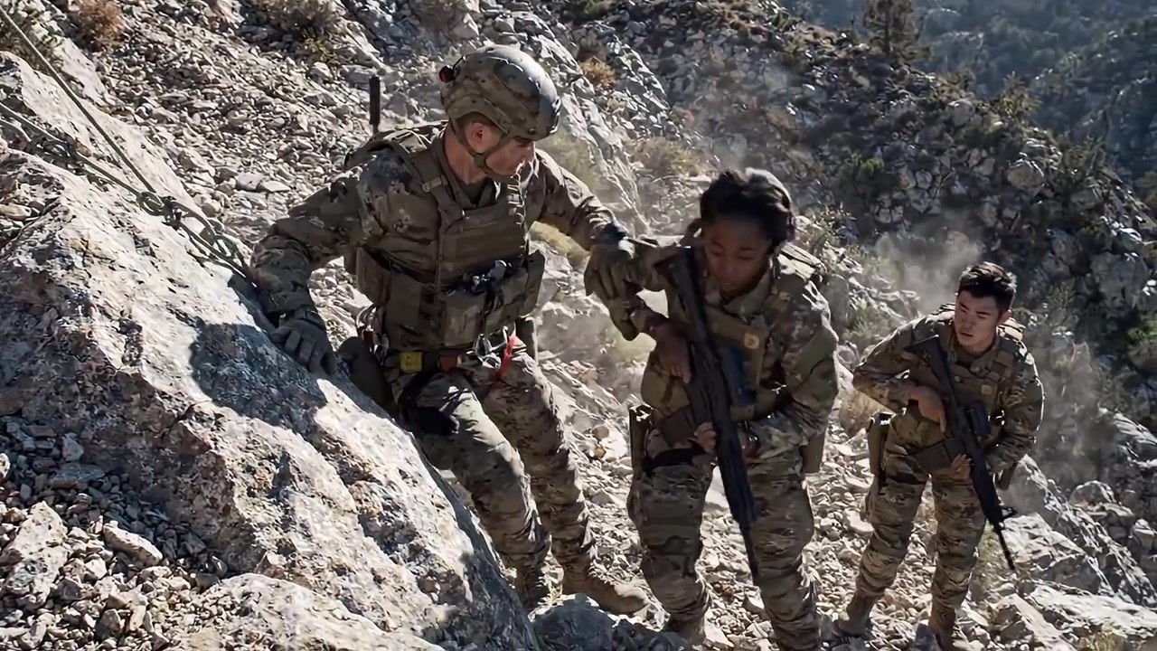 Personale militare che naviga su terreno accidentato: una salita determinata attraverso condizioni difficili con lavoro di squadra mirato e perseveranza in un ambiente roccioso.