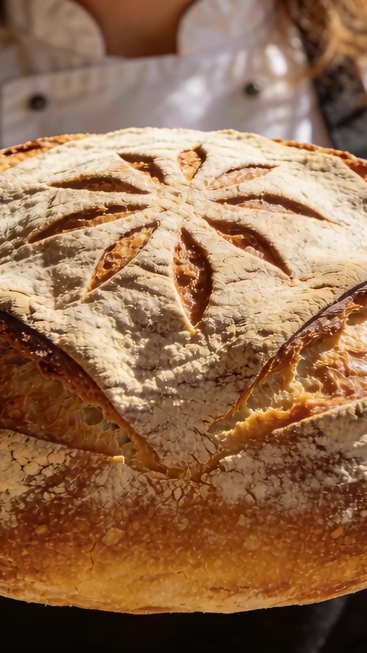 Vertical video: Chef in coat holding loaf in bakery, camera framing while showing star scoring