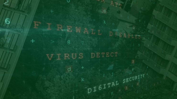 Animation of 5g text and cyberattack warning over cityscape