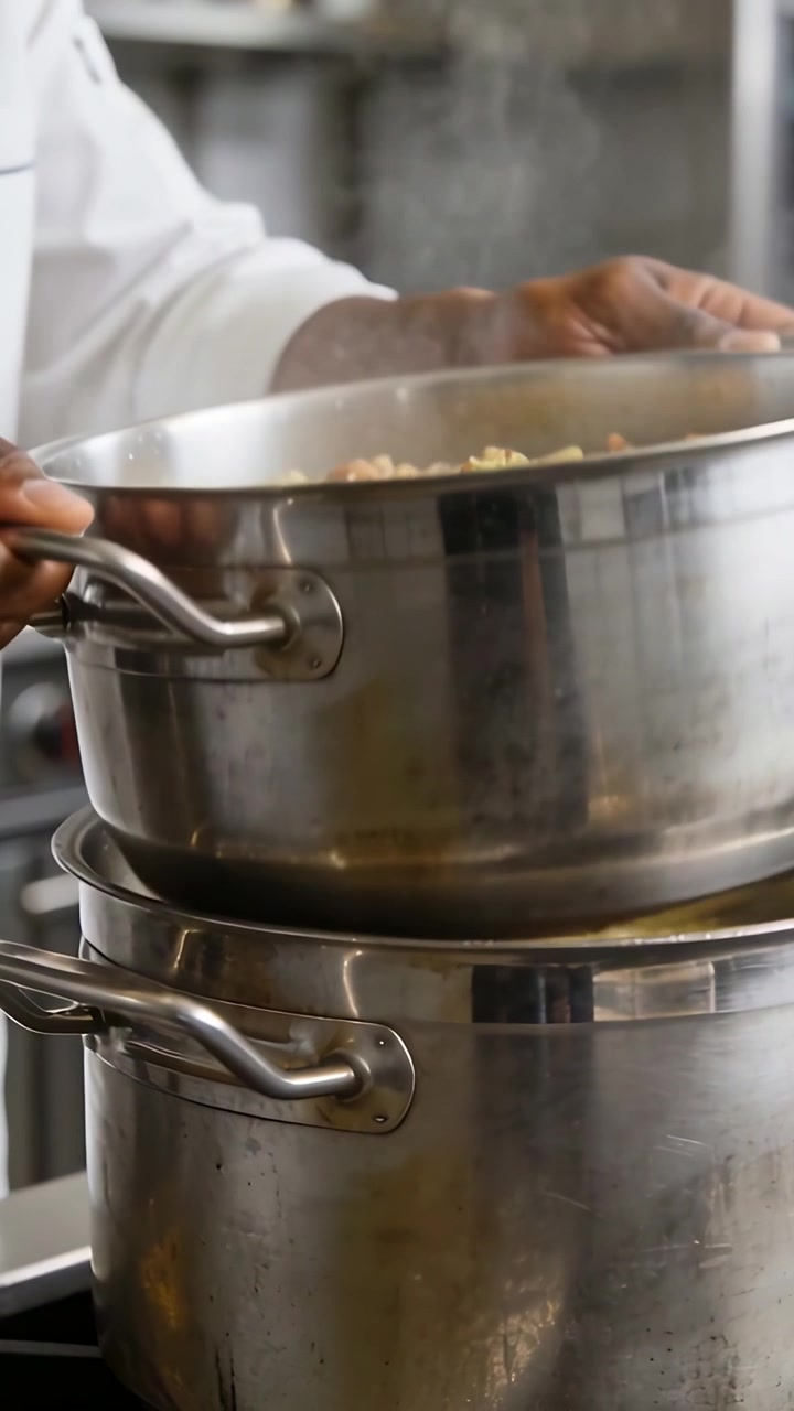 Video verticale: Chef in giacca da chef che reagisce al vapore, sollevando e controllando una vaporiera per cereali sul fornello.