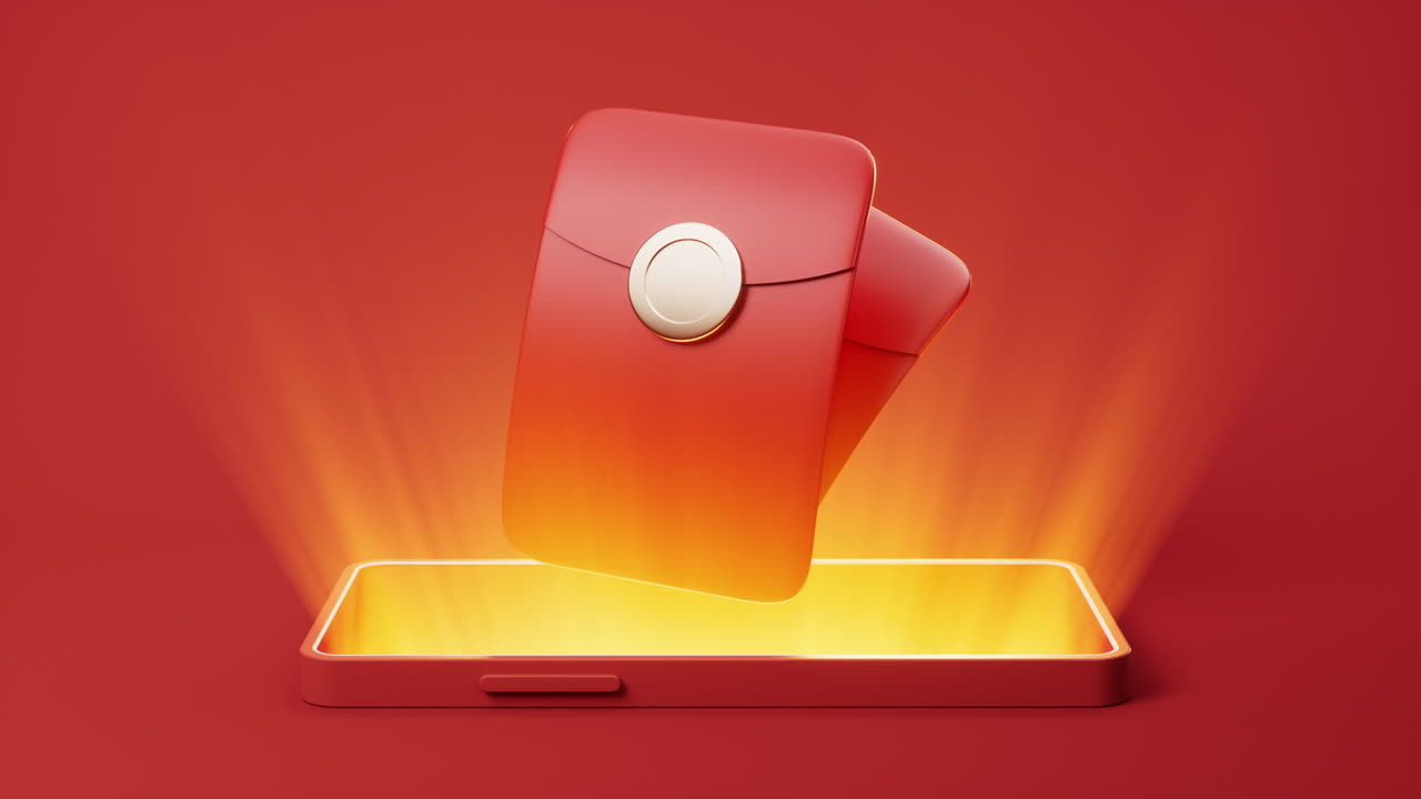 Mobile phone with red packet on it, 3d rendering.