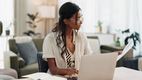 Woman,-work-from-home-and-documents-on-computer