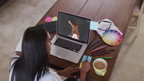 Caucasian-female-student-using-laptop-on-video-call-with-female-teacher,-making-notes