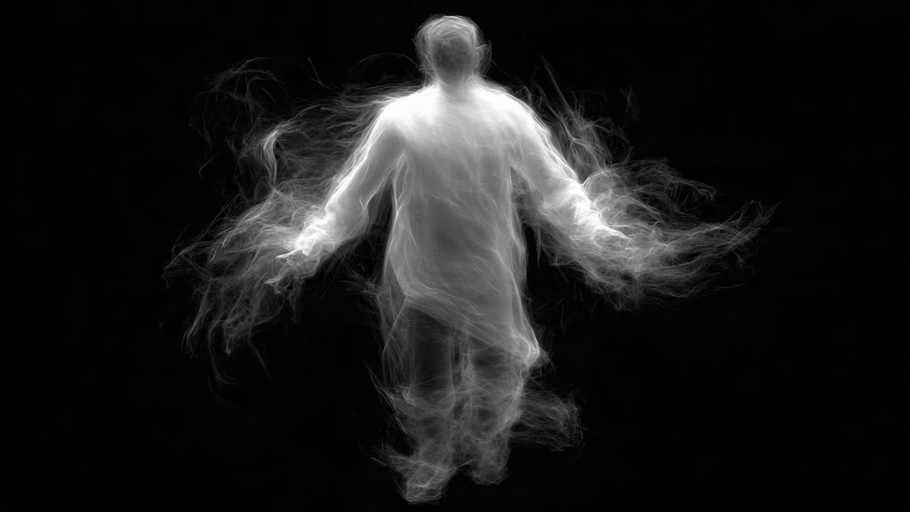 A Mystical Figure Surrounded by Ethereal Smoke in a Dark Environment, Capturing the Essence of Transformation and Spirituality through Movement