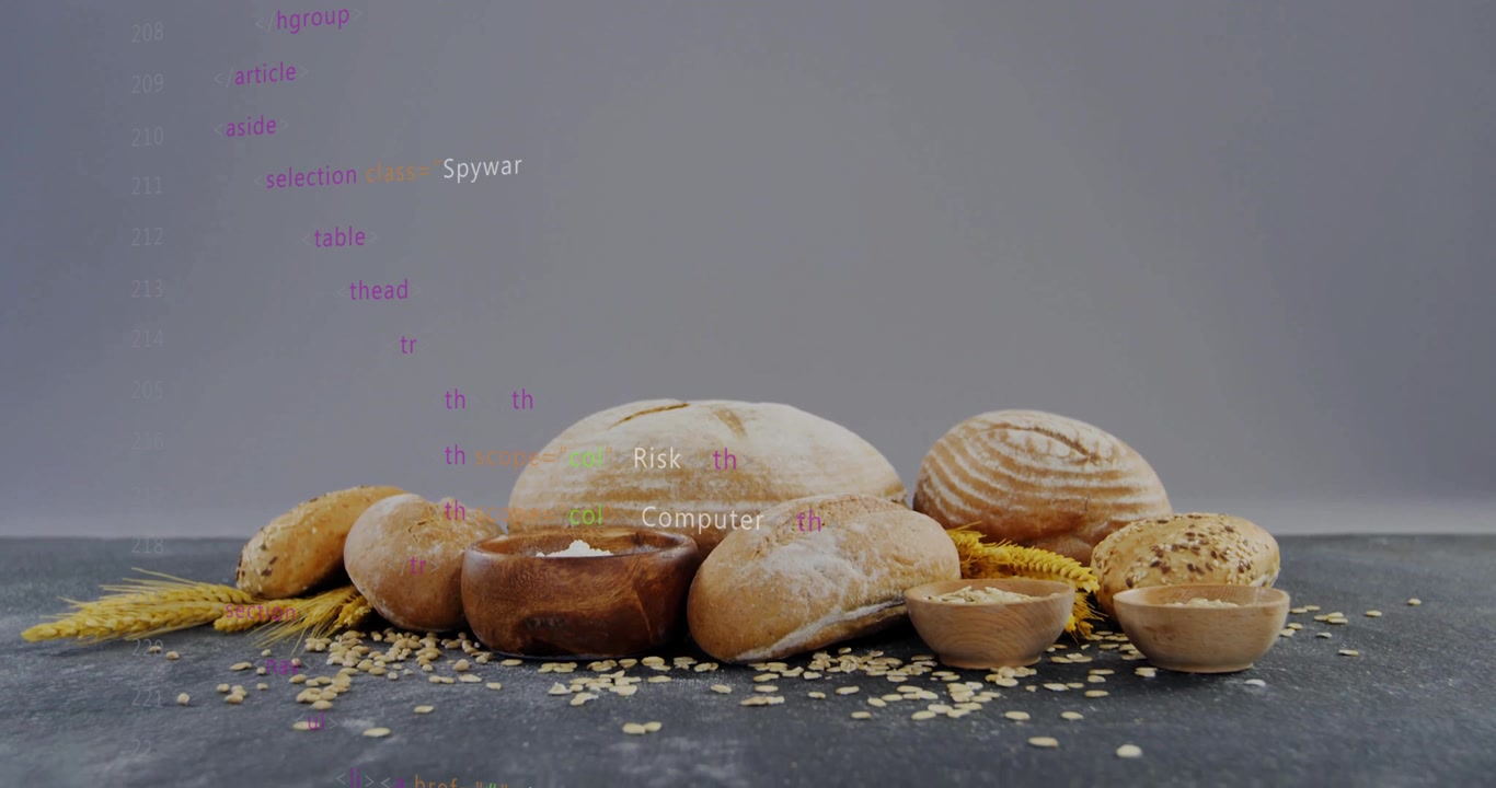 Brødloffer blir arrangert på en steinplate i en 3D-gjengivelse, som viser frem treskåler og strødd havre.