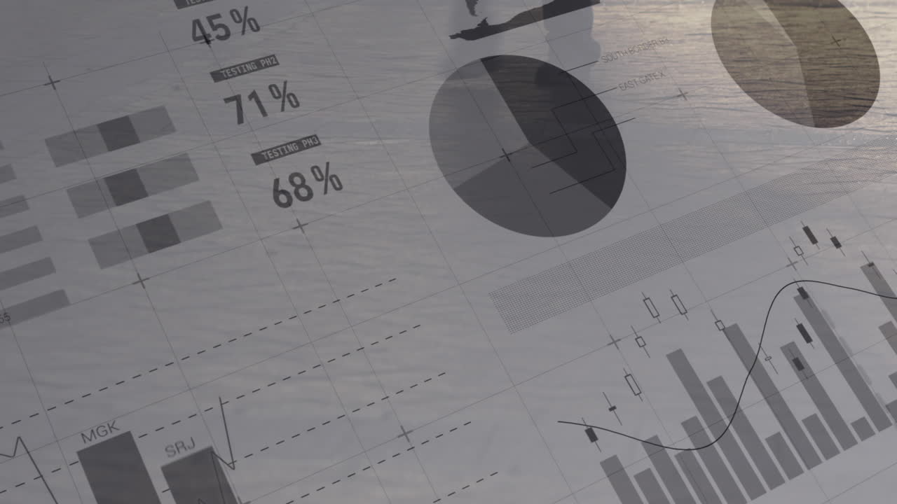 caminando personas con datos financieros en el fondo 4k