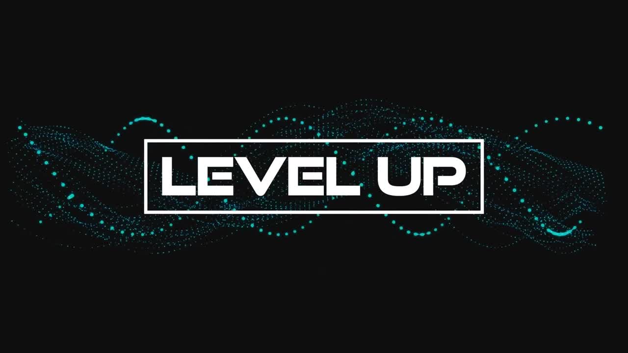 Animation of level up text and shapes on black background