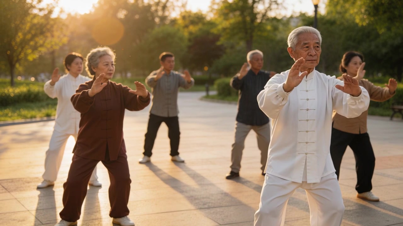 Anziano che guida, anziani che praticano Tai Chi nella piazza di un parco con abbigliamento da pratica per la salute