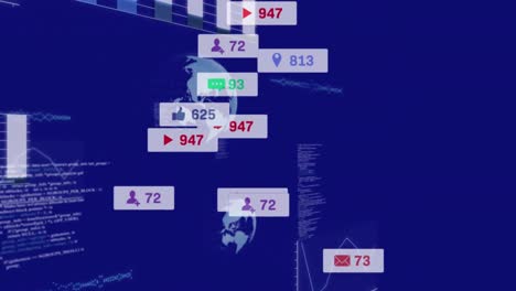 Animation-of-globes,-data-processing-over-blue-background