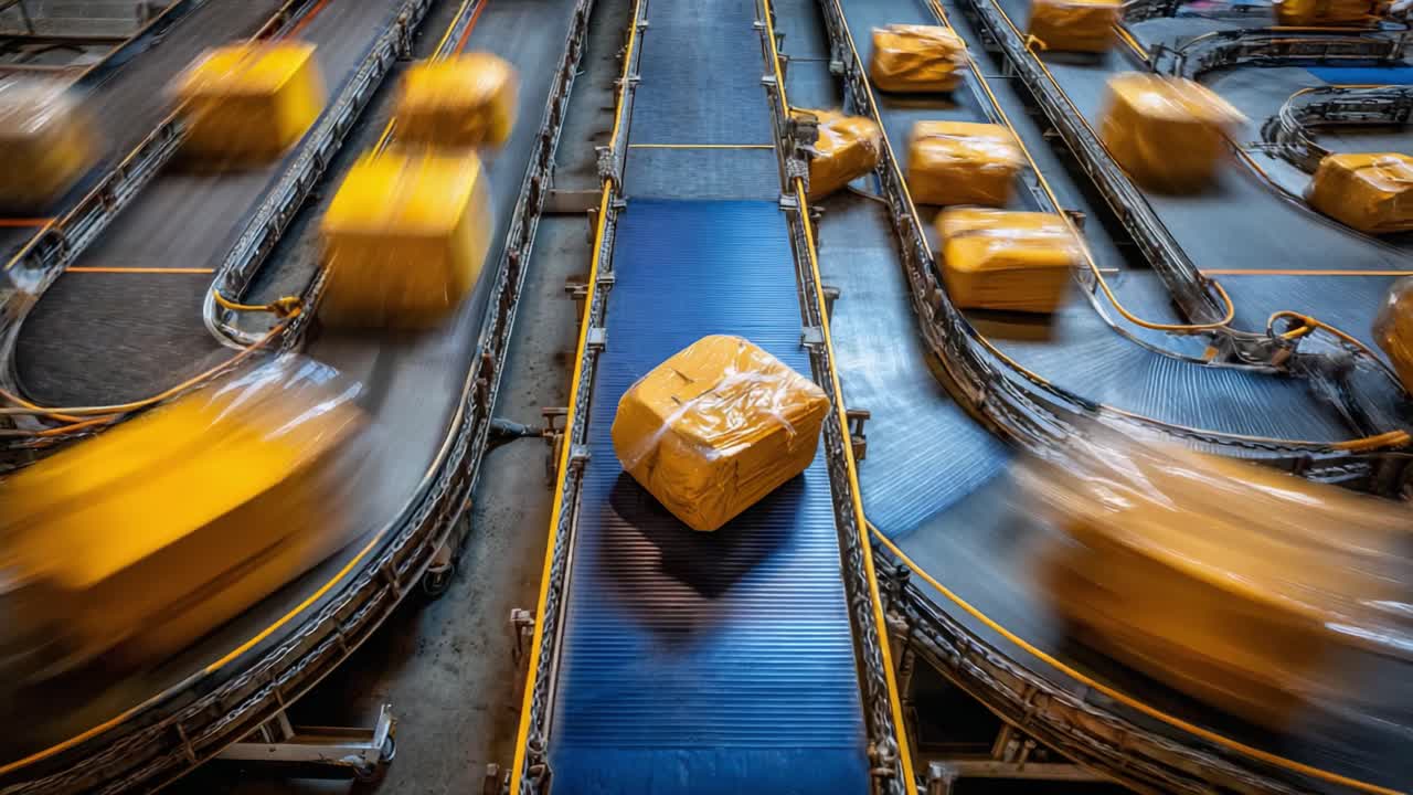 An Expansive View of a Fast-Paced Distribution Center Featuring Conveyor Belts Efficiently Transporting Packages in a Streamlined Logistics Operation