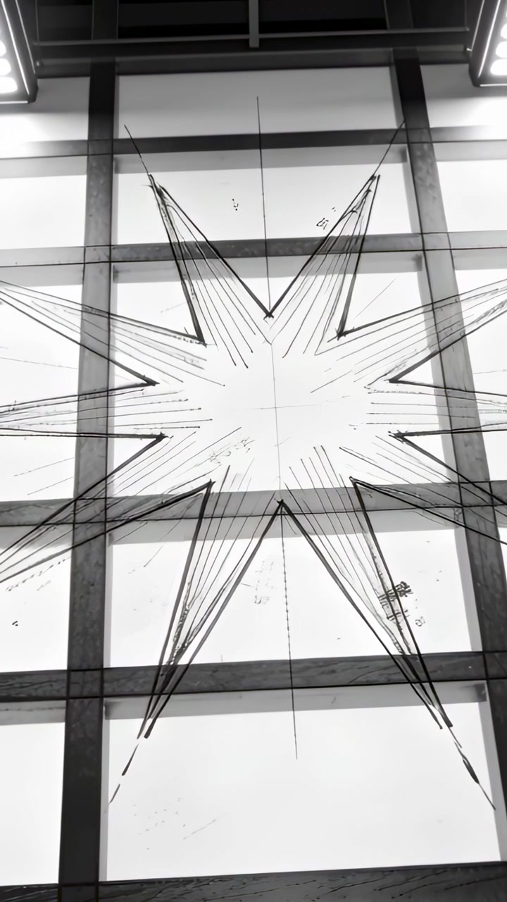 Video verticale: Telecamera in movimento che riprende un design a stella a otto punte su una griglia di pannelli illuminata.