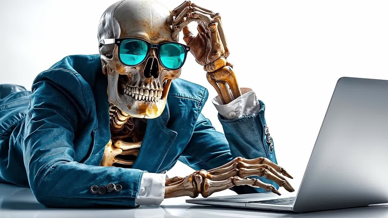 A skeleton in a suit and sunglasses sitting at a desk with a laptop