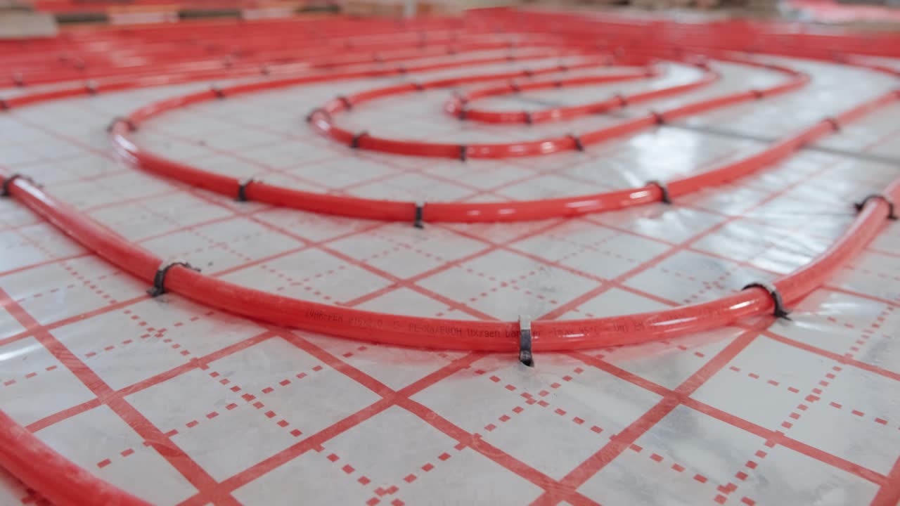 Installing underfloor heating pipes for water heating. Heating systems. Pipes for a heat-insulated floor.