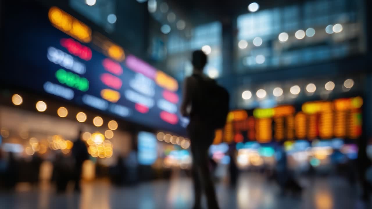 A Dynamic Financial Hub: Blurred Scenes Capturing the Energy of a Busy Trading Floor in a Modern Financial Center with Electronic Displays and Crowd Activity