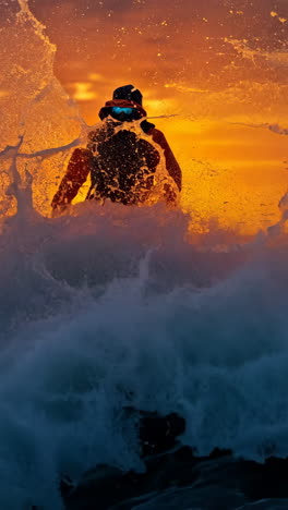 man walks along rocky shore as waves crash during sunset