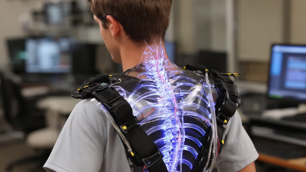 Innovative Exoskeleton Design Showcasing Advanced Robotics and Biomechanics with a Transparent Spinal Structure Illuminated by LED Lights for Enhanced Human Performance