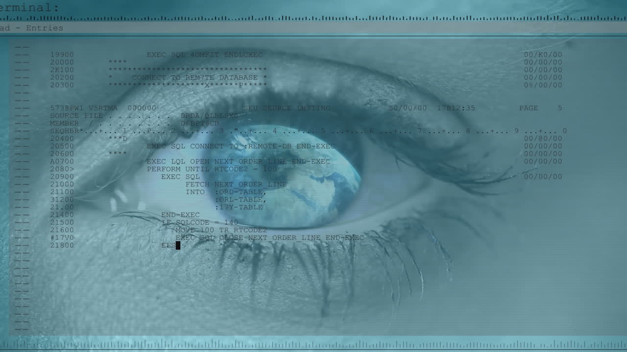 Animation of woman's blue eye opening with turning globe and scrolling digital information
