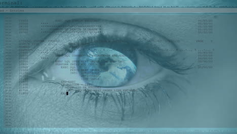 animation of woman's blue eye opening with turning globe and scrolling digital information