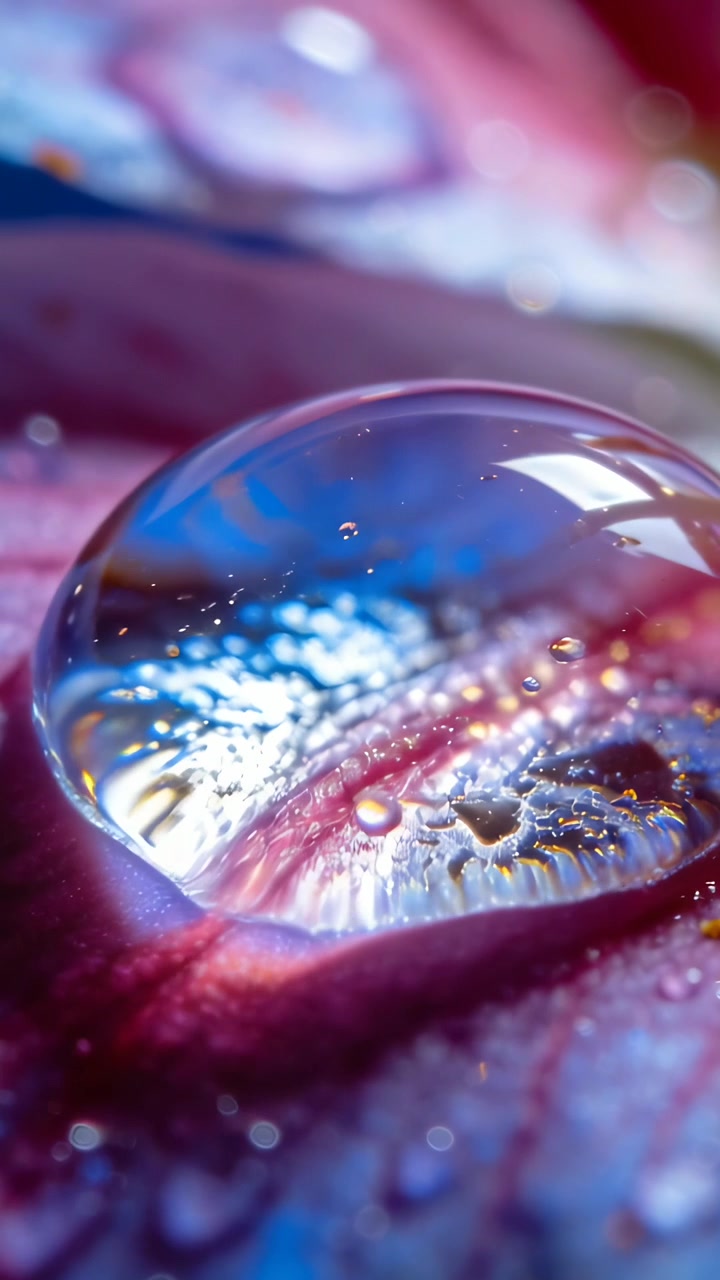 Video verticale: Luce e angolazione che cambiano, facendo scivolare una goccia d'acqua su un petalo rosa e mostrando bolle.