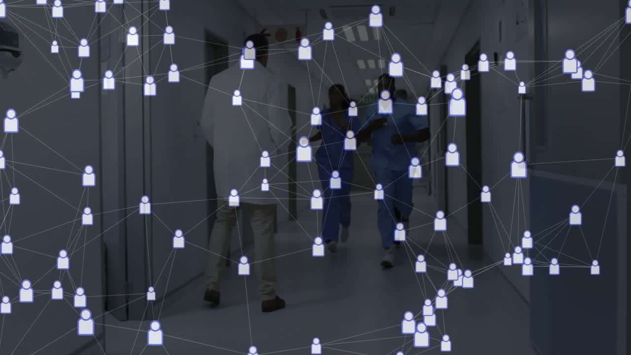 Medical team running and walking down shiny hospital corridor, showing user-icon network overlay