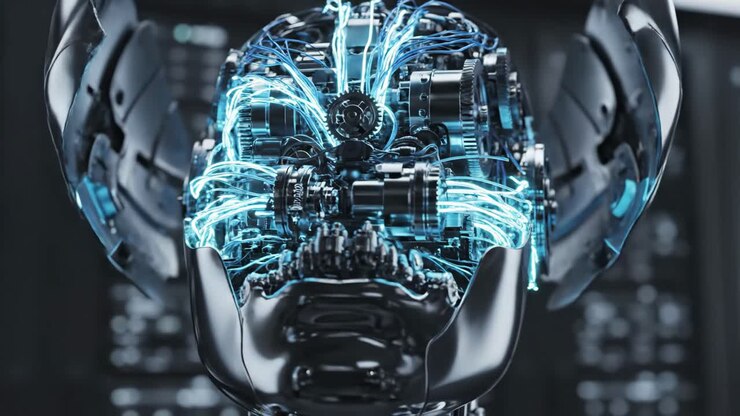 Futuristic Robot Head with Gears and Cybernetic Wires